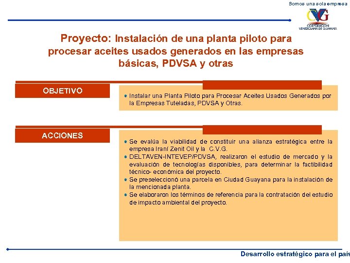 Somos una sola empresa Proyecto: Instalación de una planta piloto para procesar aceites usados