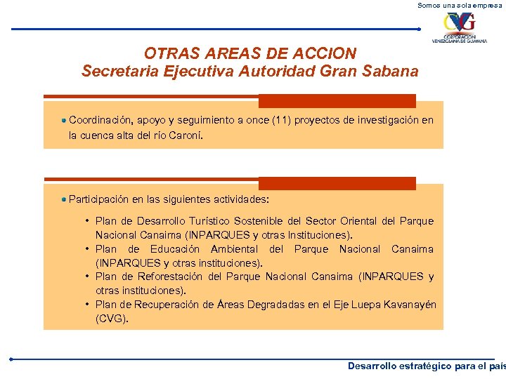 Somos una sola empresa OTRAS AREAS DE ACCION Secretaria Ejecutiva Autoridad Gran Sabana Coordinación,