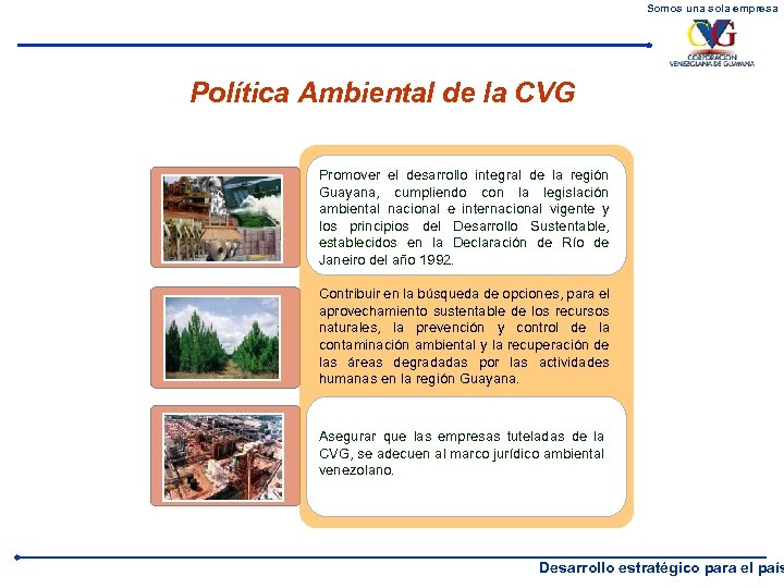 Somos una sola empresa Política Ambiental de la CVG Promover el desarrollo integral de