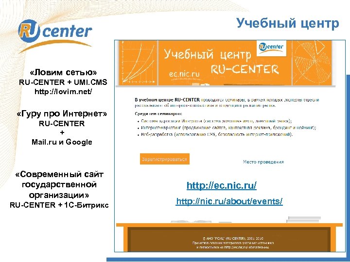Учебный центр «Ловим сетью» RU-CENTER + UMI. CMS http: //lovim. net/ «Гуру про Интернет»