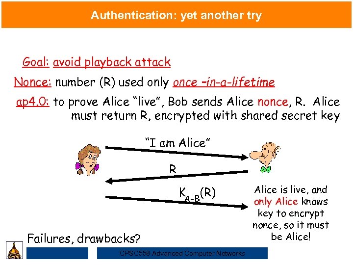 Authentication: yet another try Goal: avoid playback attack Nonce: number (R) used only once