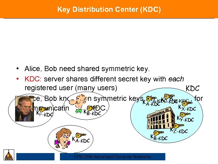 Key Distribution Center (KDC) Security • Alice, Bob need shared symmetric key. • KDC:
