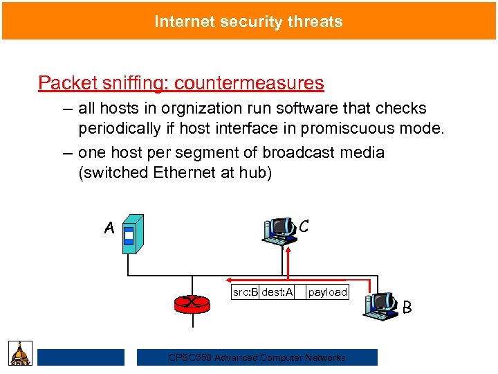 Internet security threats Packet sniffing: countermeasures – all hosts in orgnization run software that