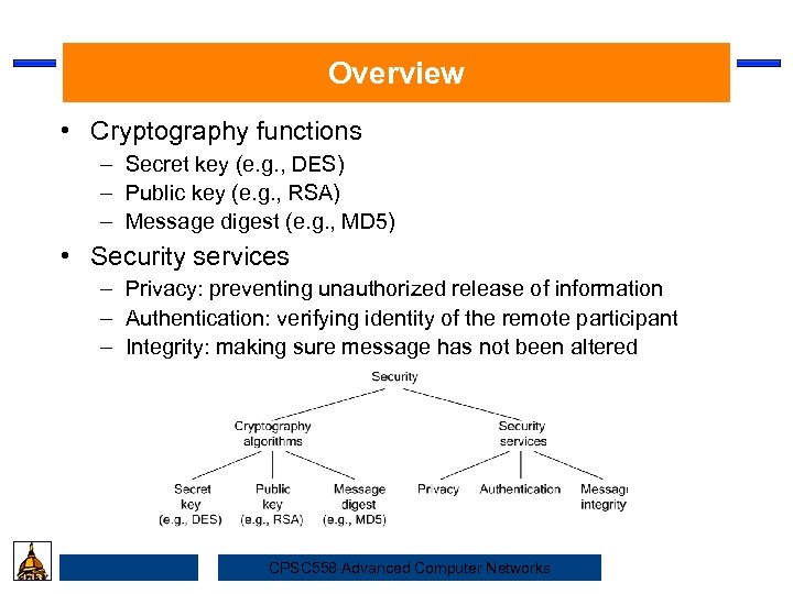 Overview • Cryptography functions – Secret key (e. g. , DES) – Public key