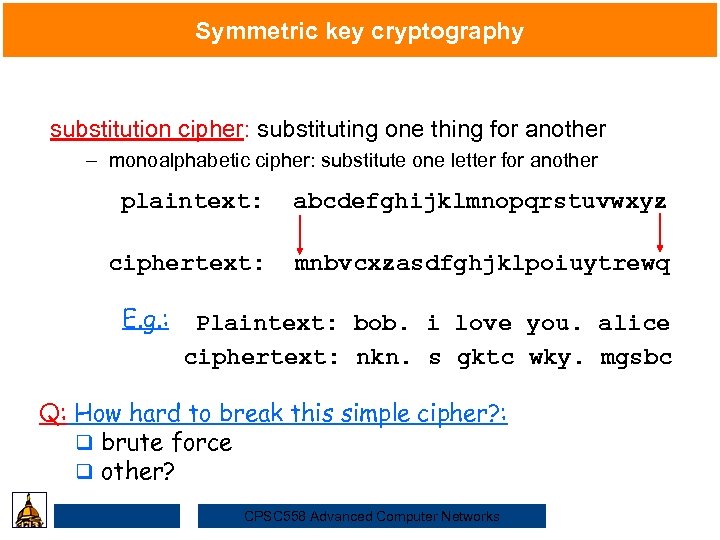 Symmetric key cryptography substitution cipher: substituting one thing for another – monoalphabetic cipher: substitute