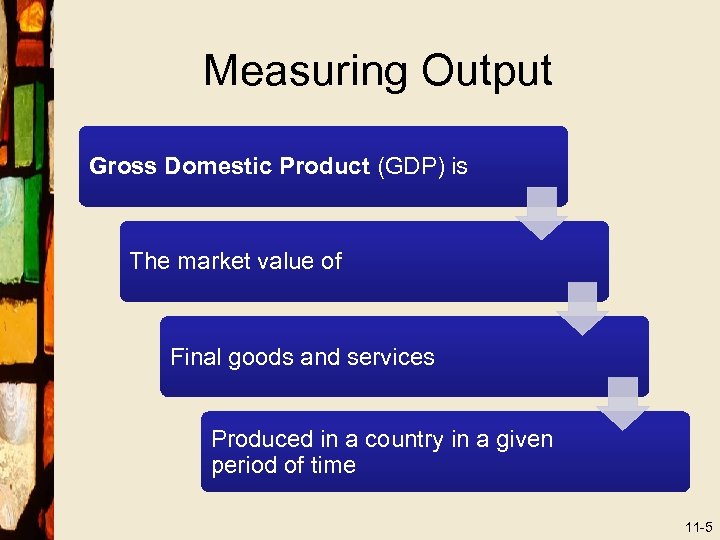 Measuring Output Gross Domestic Product (GDP) is The market value of Final goods and