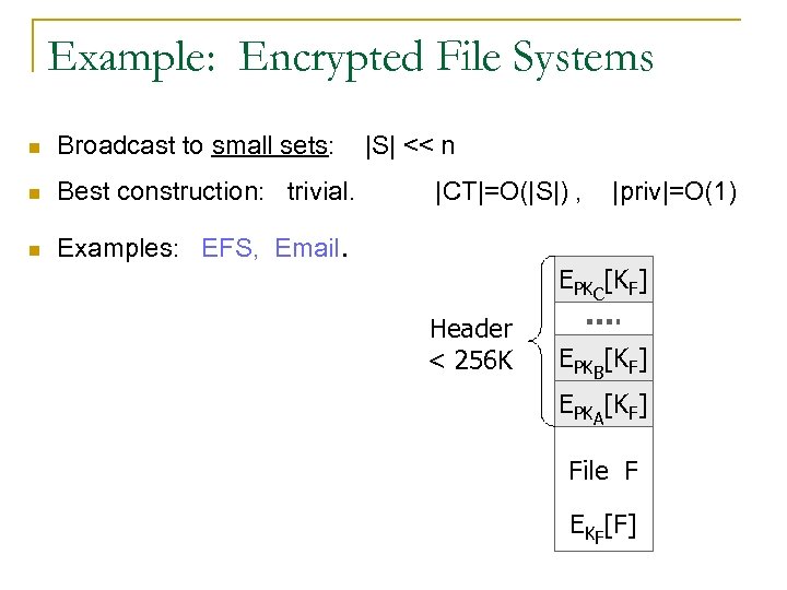 Example: Encrypted File Systems n Broadcast to small sets: n Best construction: trivial. n