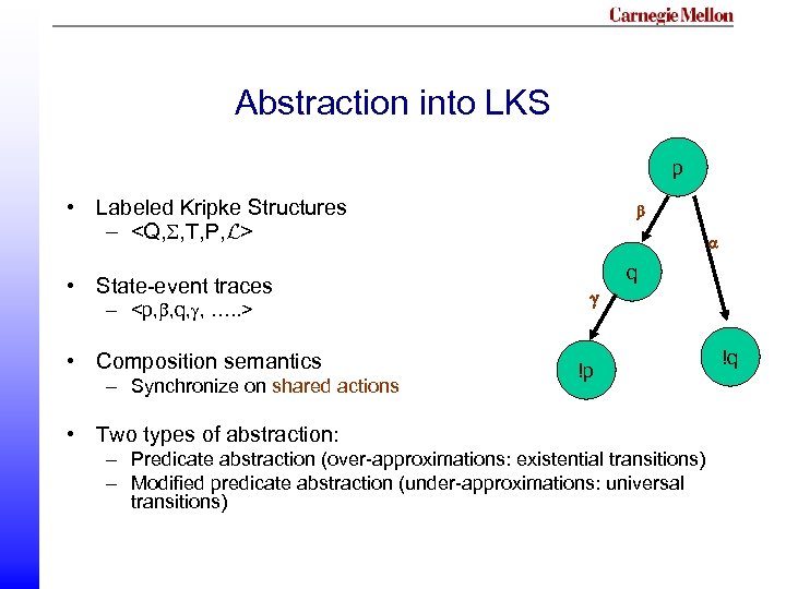 Abstraction into LKS p • Labeled Kripke Structures – <Q, , T, P, L>