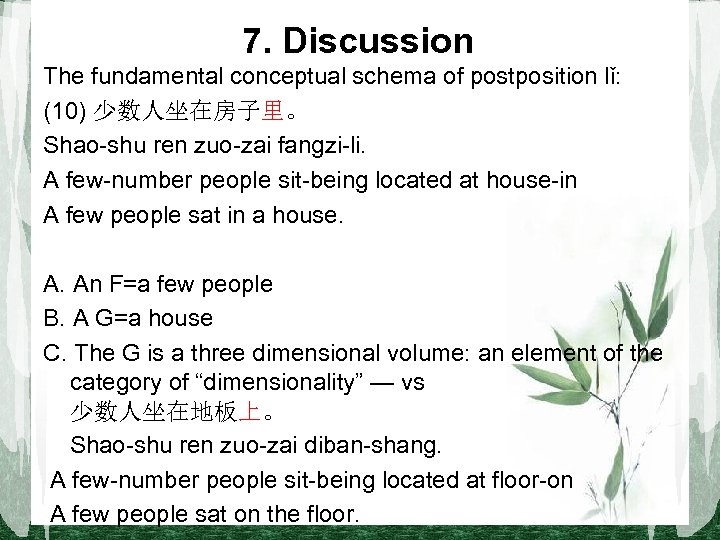 7. Discussion The fundamental conceptual schema of postposition lǐ: (10) 少数人坐在房子里。 Shao-shu ren zuo-zai