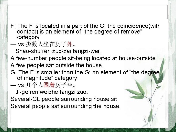 F. The F is located in a part of the G: the coincidence(with contact)