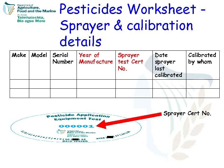 Pesticides Worksheet Sprayer & calibration details Make Model Serial Year of Sprayer Number Manufacture