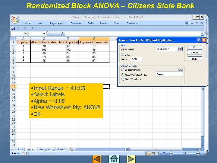 Randomized Block ANOVA – Citizens State Bank • Input Range = A 1: D