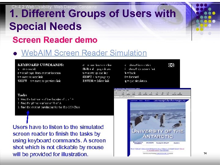 Ch 4. 2 Web Usability: Web Design Concerns 1. Different Groups of Users with