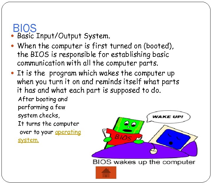 BIOS Basic Input/Output System. When the computer is first turned on (booted), the BIOS