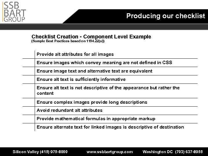 Producing our checklist Creation - Component Level Example (Sample Best Practices based on 1194.
