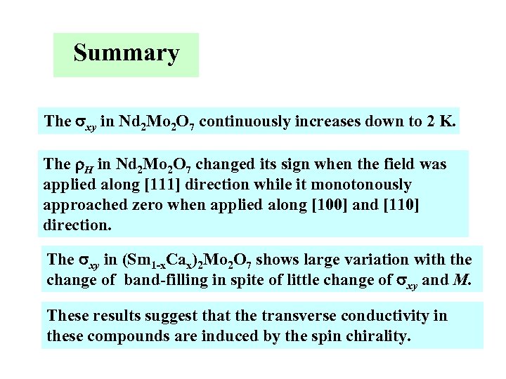 Summary The sxy in Nd 2 Mo 2 O 7 continuously increases down to