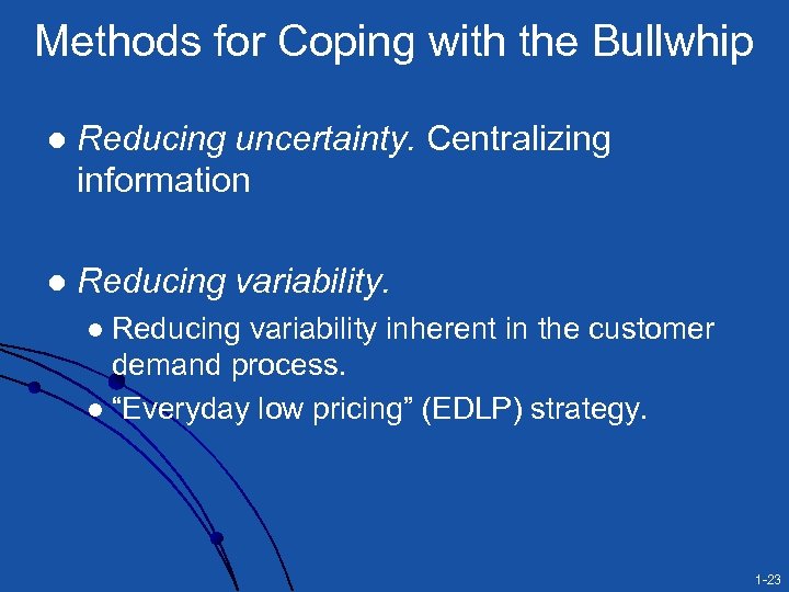 Methods for Coping with the Bullwhip l Reducing uncertainty. Centralizing information l Reducing variability