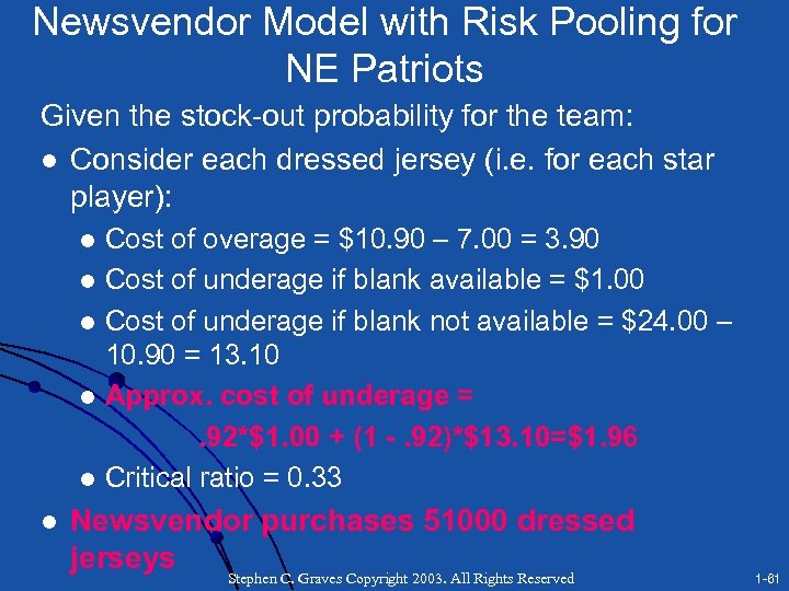 Newsvendor Model with Risk Pooling for NE Patriots Given the stock-out probability for the