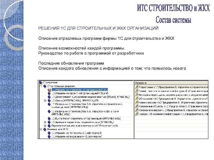 РЕШЕНИЯ 1 С ДЛЯ СТРОИТЕЛЬНЫХ И ЖКХ ОРГАНИЗАЦИЙ Описание отраслевых программ фирмы 1 С