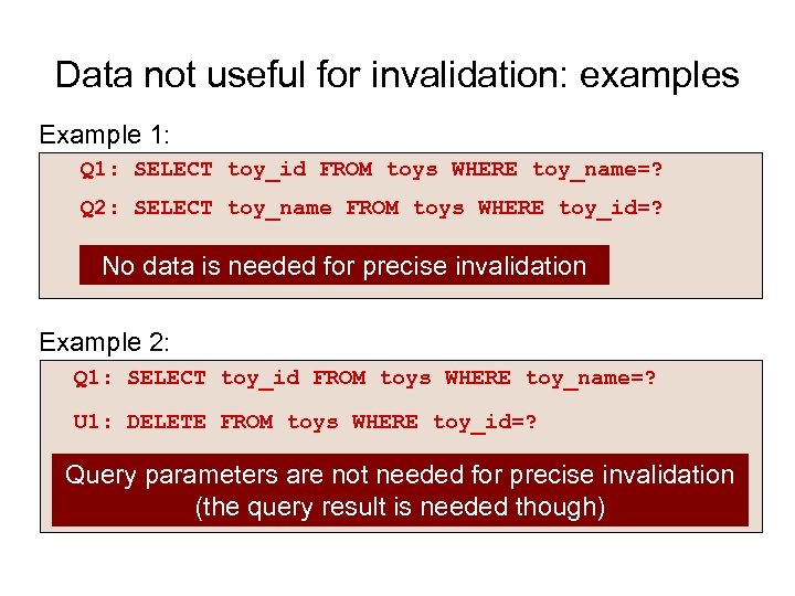 Data not useful for invalidation: examples Example 1: Q 1: SELECT toy_id FROM toys