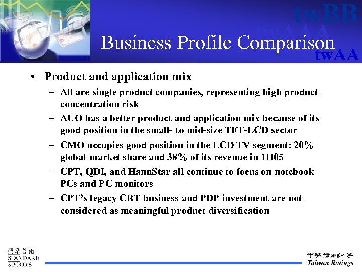 tw. BB tw. AAA Business Profile Comparison tw. AA • Product and application mix