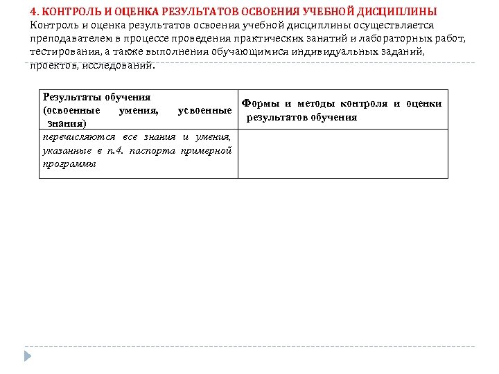 4. КОНТРОЛЬ И ОЦЕНКА РЕЗУЛЬТАТОВ ОСВОЕНИЯ УЧЕБНОЙ ДИСЦИПЛИНЫ Контроль и оценка результатов освоения учебной