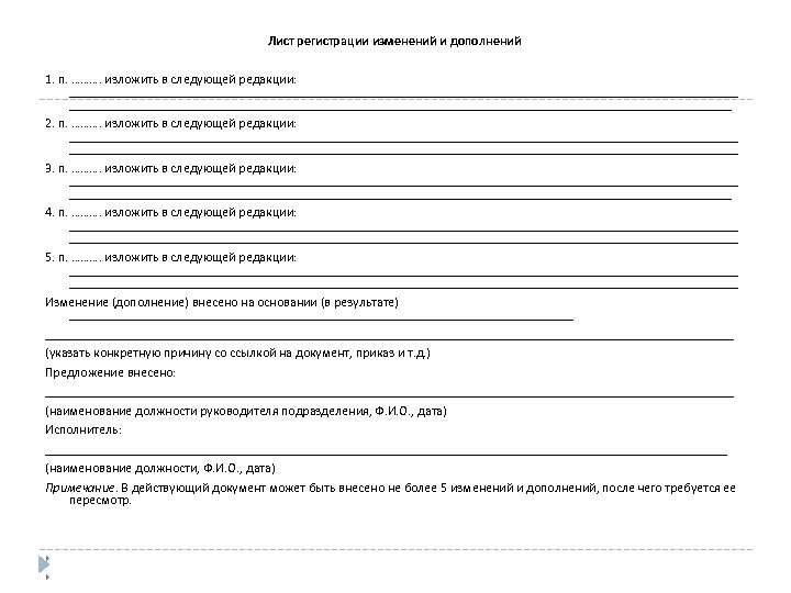 Лист регистрации изменений и дополнений 1. п. ………. изложить в следующей редакции: ___________________________________________________ 2.