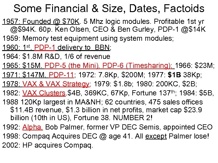 Some Financial & Size, Dates, Factoids 1957: Founded @ $70 K. 5 Mhz logic