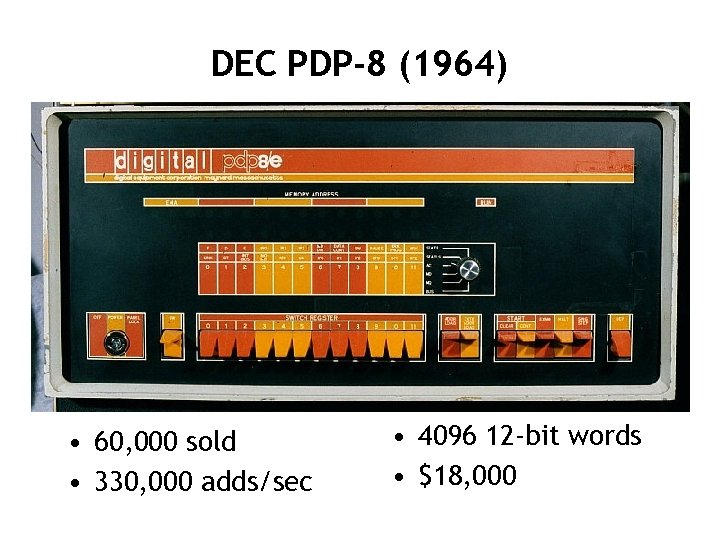 DEC PDP-8 (1964) • 60, 000 sold • 330, 000 adds/sec • 4096 12