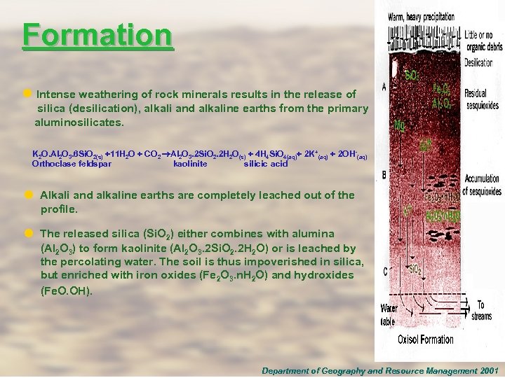 Formation l Intense weathering of rock minerals results in the release of silica (desilication),