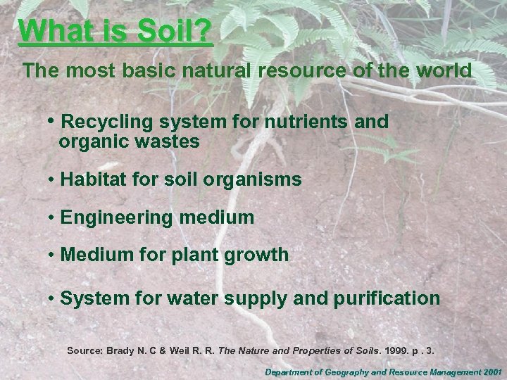 What is Soil? The most basic natural resource of the world • Recycling system