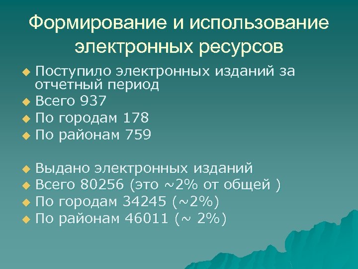 Формирование и использование электронных ресурсов Поступило электронных изданий за отчетный период u Всего 937