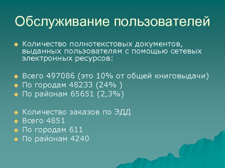 Обслуживание пользователей u Количество полнотекстовых документов, выданных пользователям с помощью сетевых электронных ресурсов: u