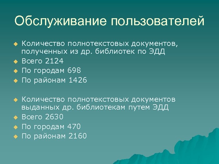 Обслуживание пользователей u u u u Количество полнотекстовых документов, полученных из др. библиотек по