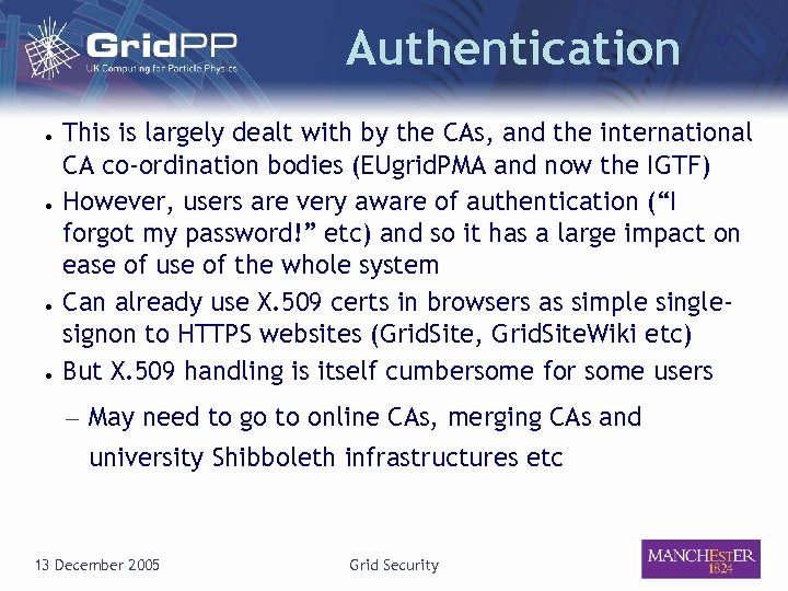 Authentication ● ● This is largely dealt with by the CAs, and the international