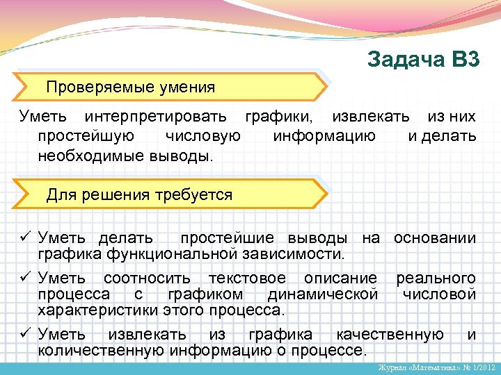 Задача В 3 Проверяемые умения Уметь интерпретировать графики, извлекать из них простейшую числовую информацию