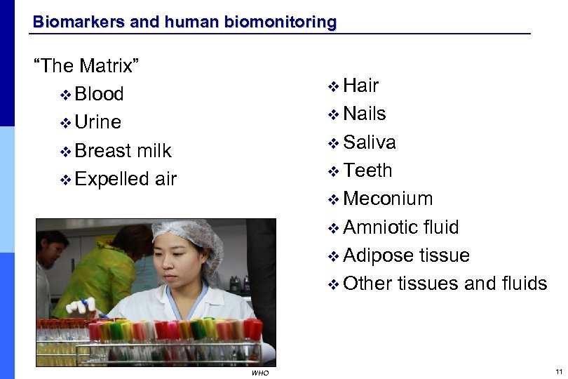 Biomarkers and human biomonitoring “The Matrix” v Blood v Urine v Breast milk v