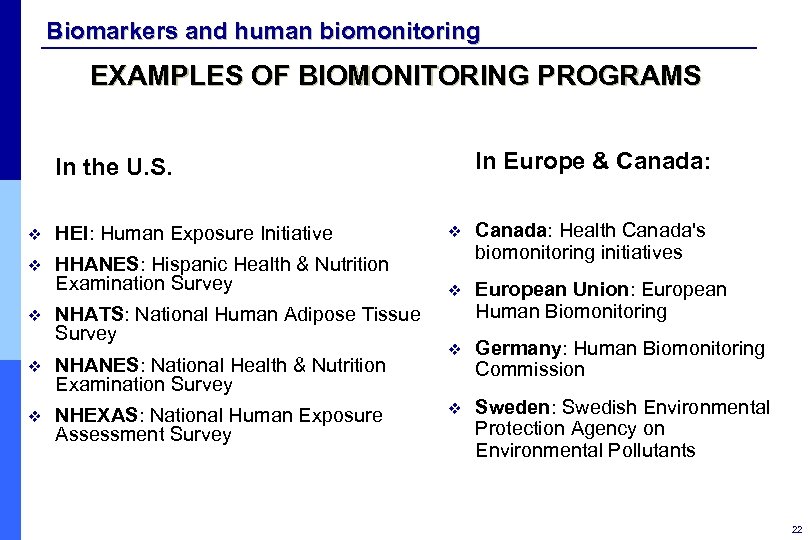 Biomarkers and human biomonitoring EXAMPLES OF BIOMONITORING PROGRAMS In Europe & Canada: In the