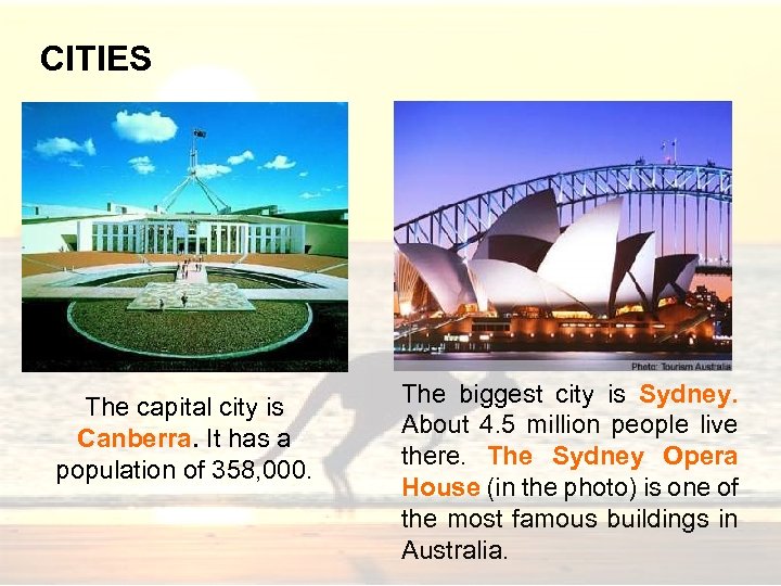 CITIES The capital city is Canberra. It has a population of 358, 000. The