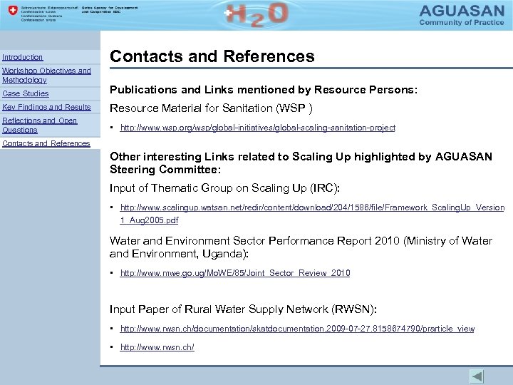 Introduction Workshop Objectives and Methodology Contacts and References Case Studies Publications and Links mentioned