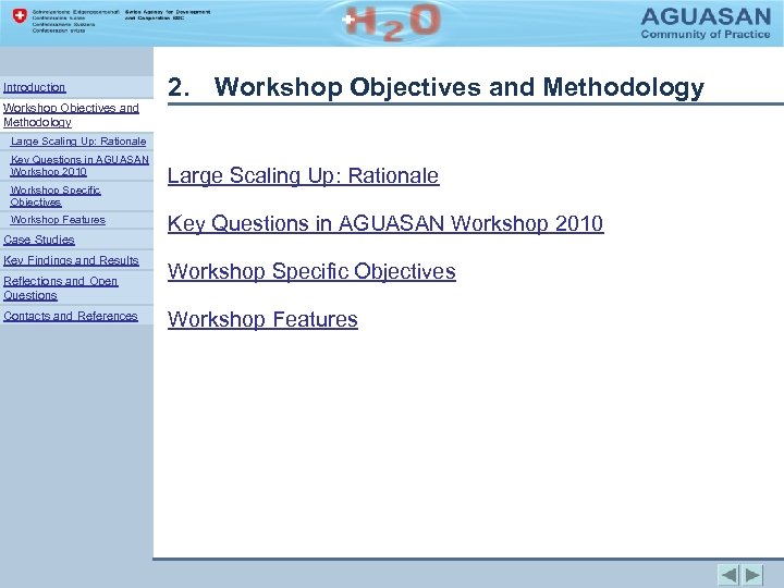 Introduction 2. Workshop Objectives and Methodology Large Scaling Up: Rationale Key Questions in AGUASAN