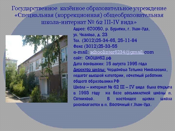 Государственное казённое образовательное учреждение «Специальная (коррекционная) общеобразовательная школа-интернат № 62 III-IV вида» Адрес: 670050,