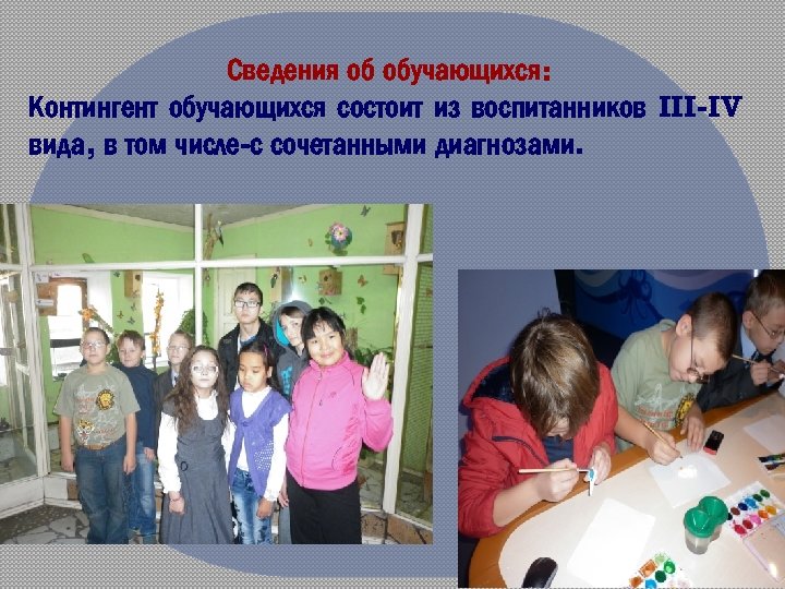 Сведения об обучающихся: Контингент обучающихся состоит из воспитанников III-IV вида, в том числе-с сочетанными