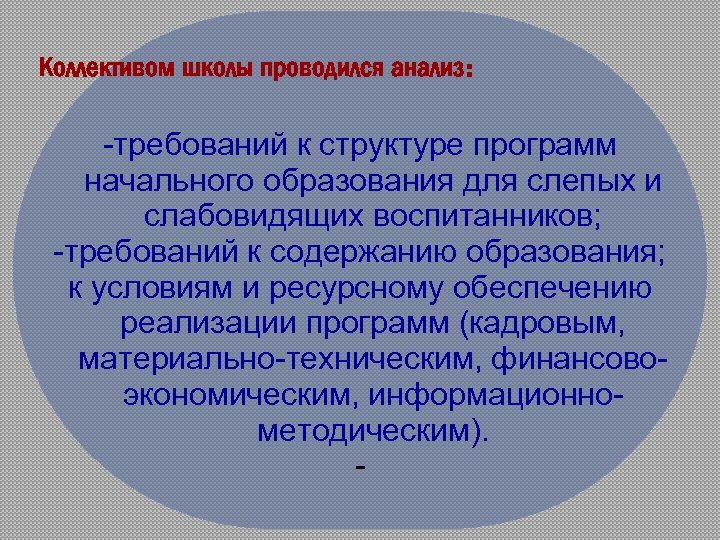 Коллективом школы проводился анализ: -требований к структуре программ начального образования для слепых и слабовидящих