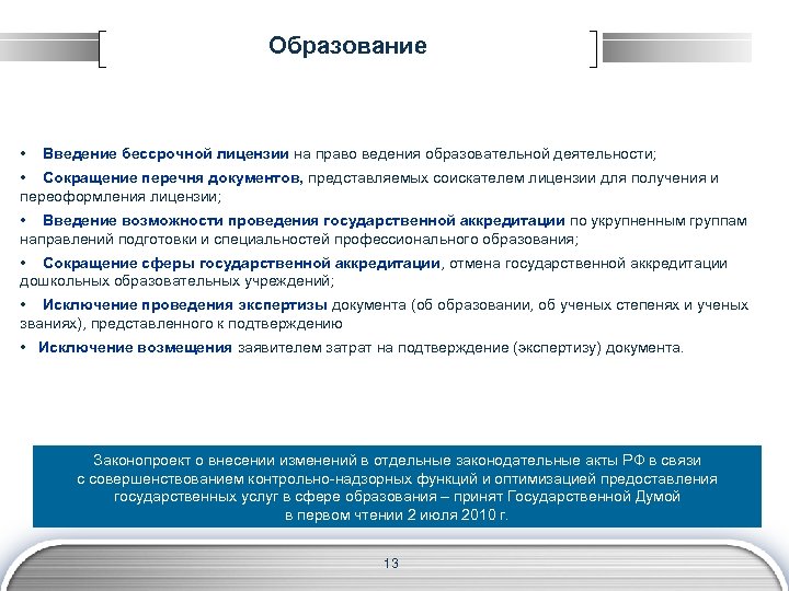 Образование • Введение бессрочной лицензии на право ведения образовательной деятельности; • Сокращение перечня документов,