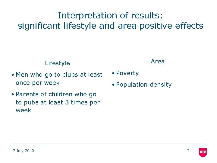 Interpretation of results: significant lifestyle and area positive effects Area Lifestyle • Men who
