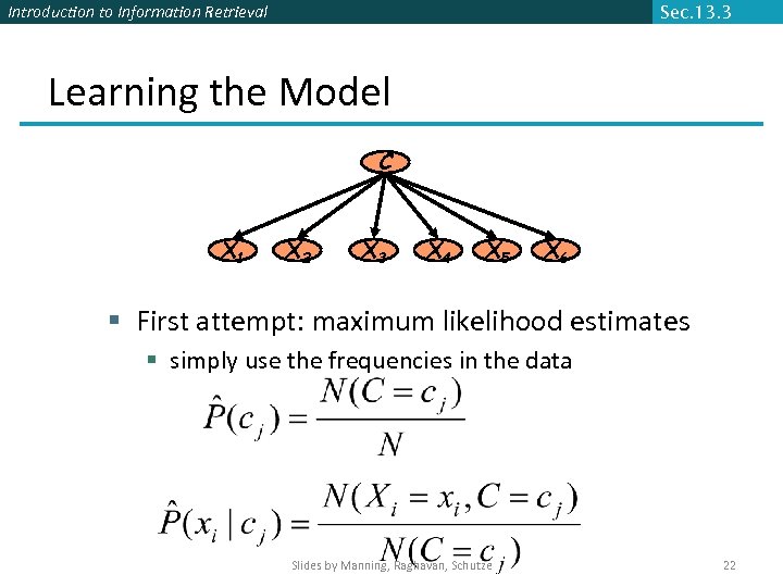 Introduction to Information Retrieval Sec. 13. 3 Learning the Model C X 1 X