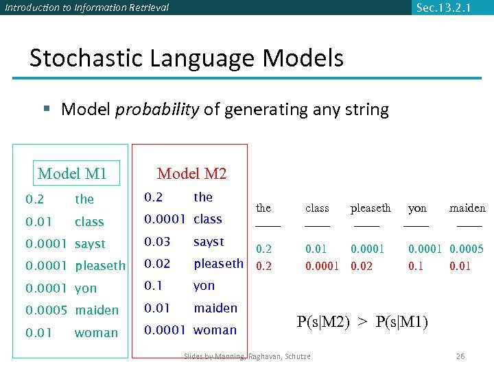 Introduction to Information Retrieval Sec. 13. 2. 1 Stochastic Language Models § Model probability