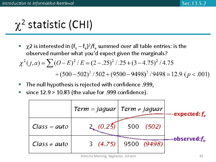 Introduction to Information Retrieval Sec. 13. 5. 2 2 statistic (CHI) § 2 is