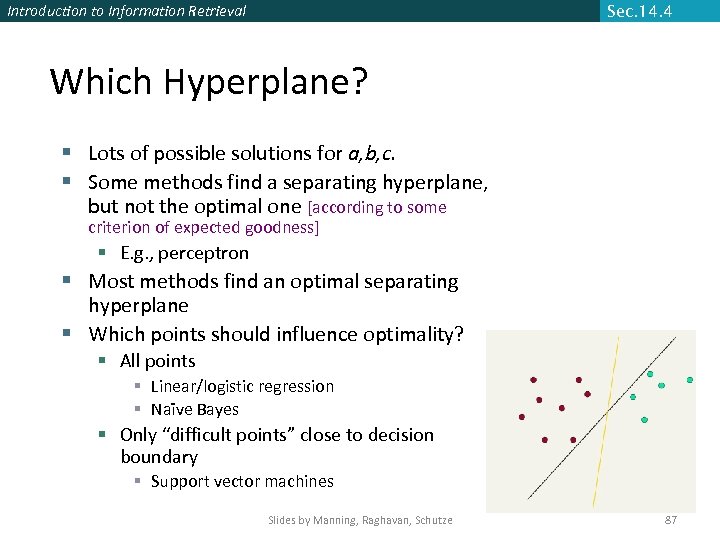 Introduction to Information Retrieval Sec. 14. 4 Which Hyperplane? § Lots of possible solutions